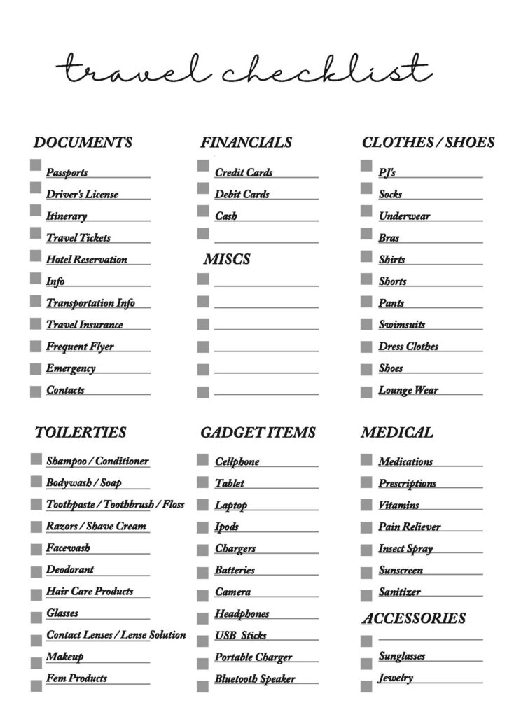 printable traveling checklist