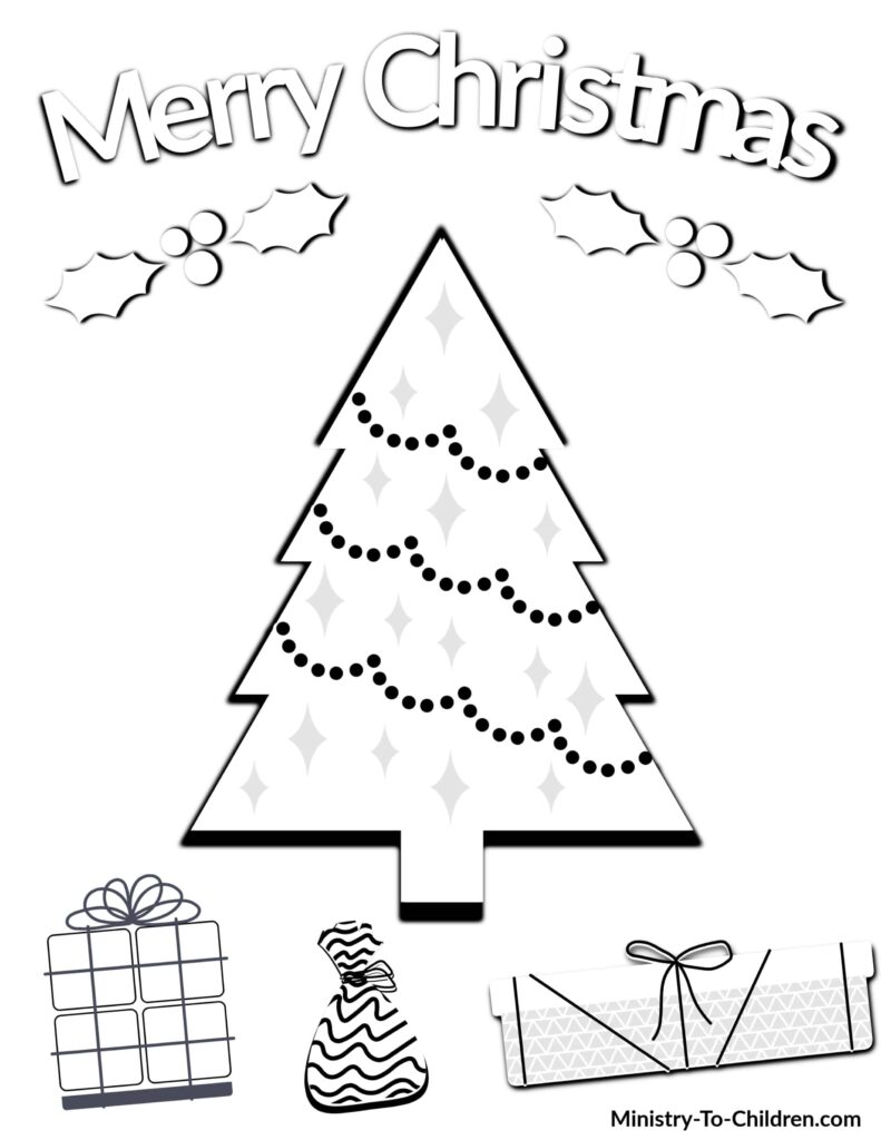 Religious Christmas Coloring Pages Printable featuring a decorated Christmas tree and gifts