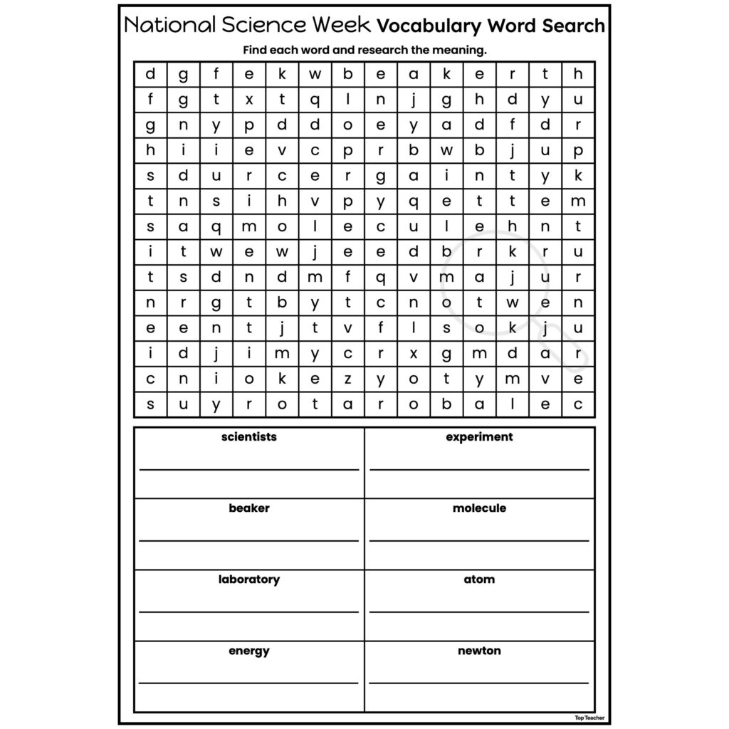 Science Word Find Puzzles Printable – National Science Week Vocabulary Worksheet Free printable Science Word Find Puzzles Printable featuring a vocabulary word search for National Science Week