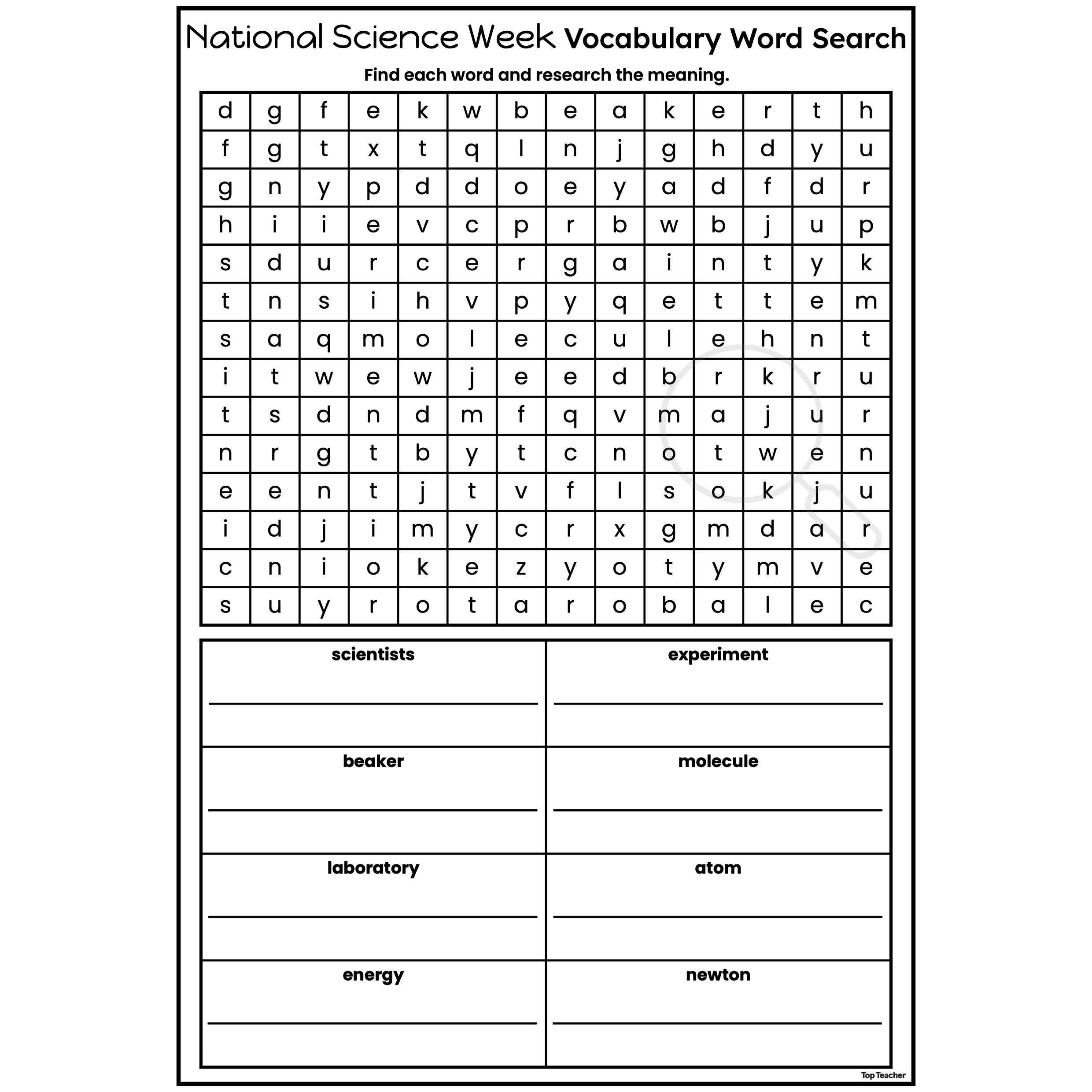 Free printable Science Word Find Puzzles Printable featuring a vocabulary word search for National Science Week