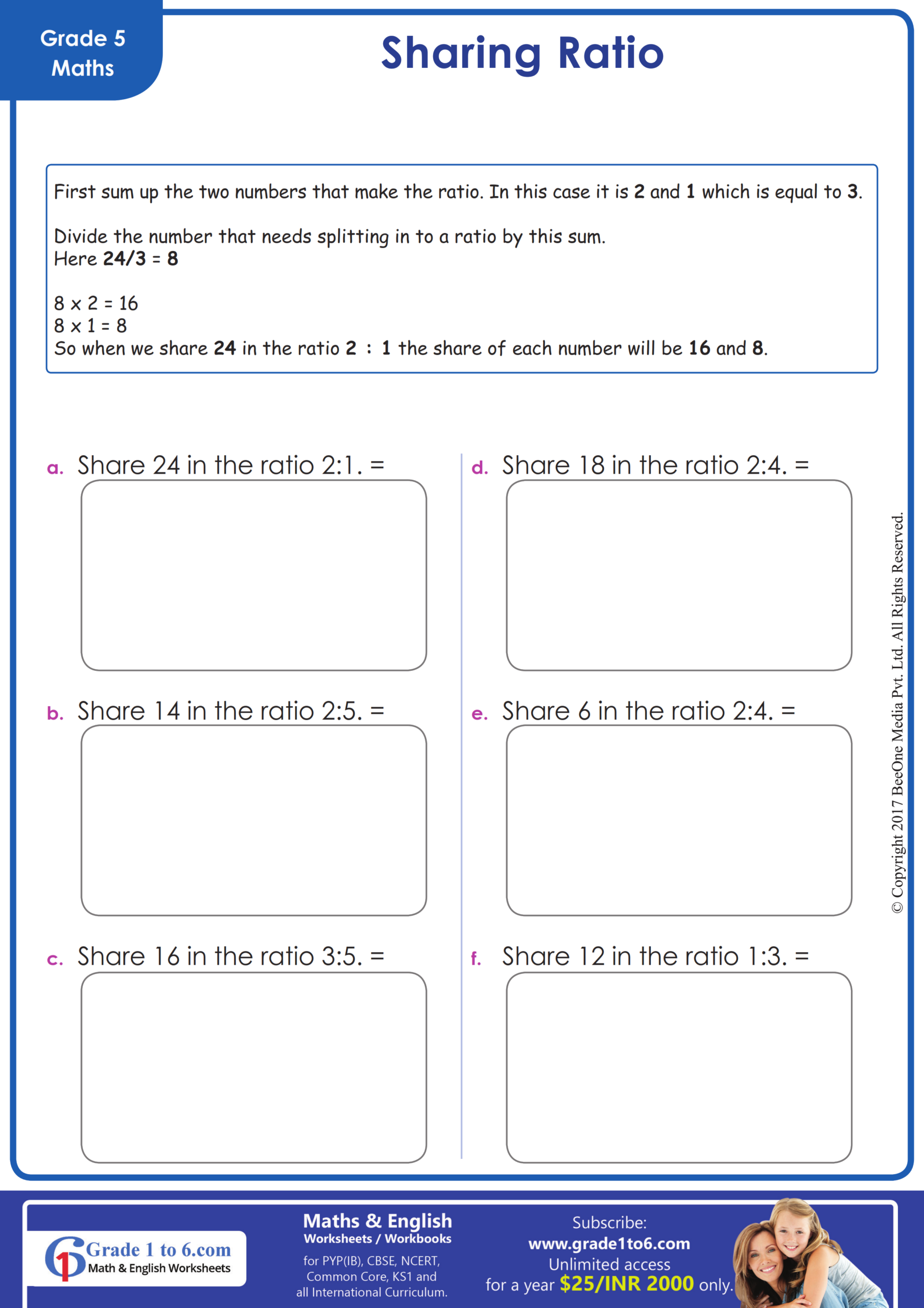 Free printable Sharing In A Given Ratio Worksheet for fifth grade math practice