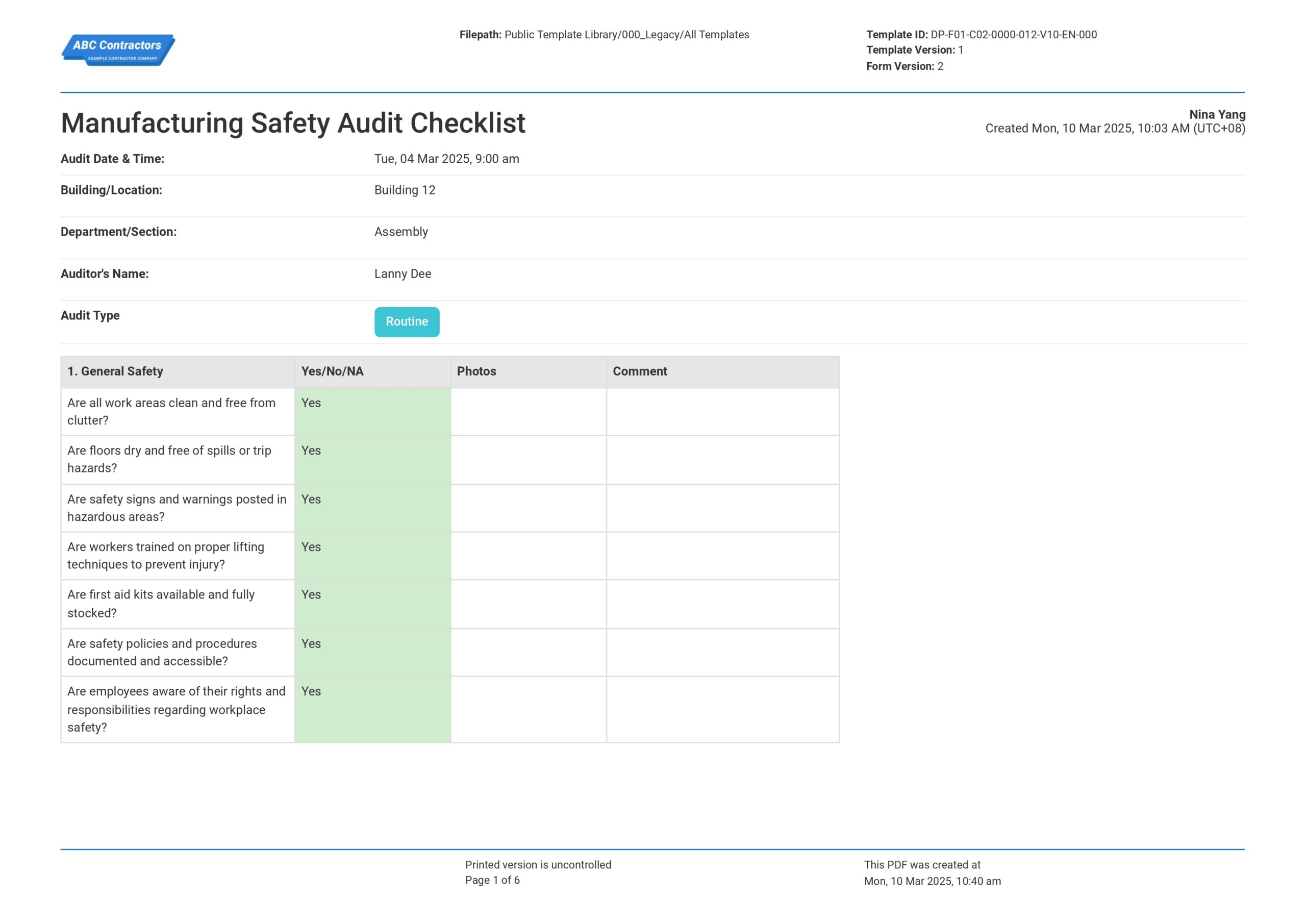 Simple Manufacturing Project Checklist Template - manufacturing safety audit template