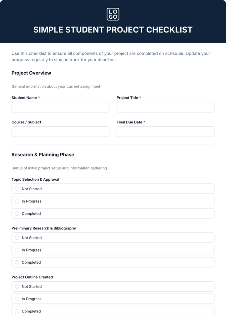 simple student project checklist simple student project checklist