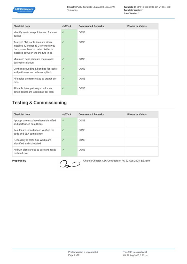 structured cabling installation checklist template structured cabling installation checklist template