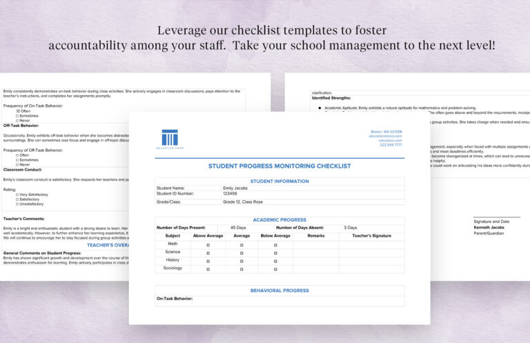 Student Or Staff Check List Template - student progress monitoring checklist