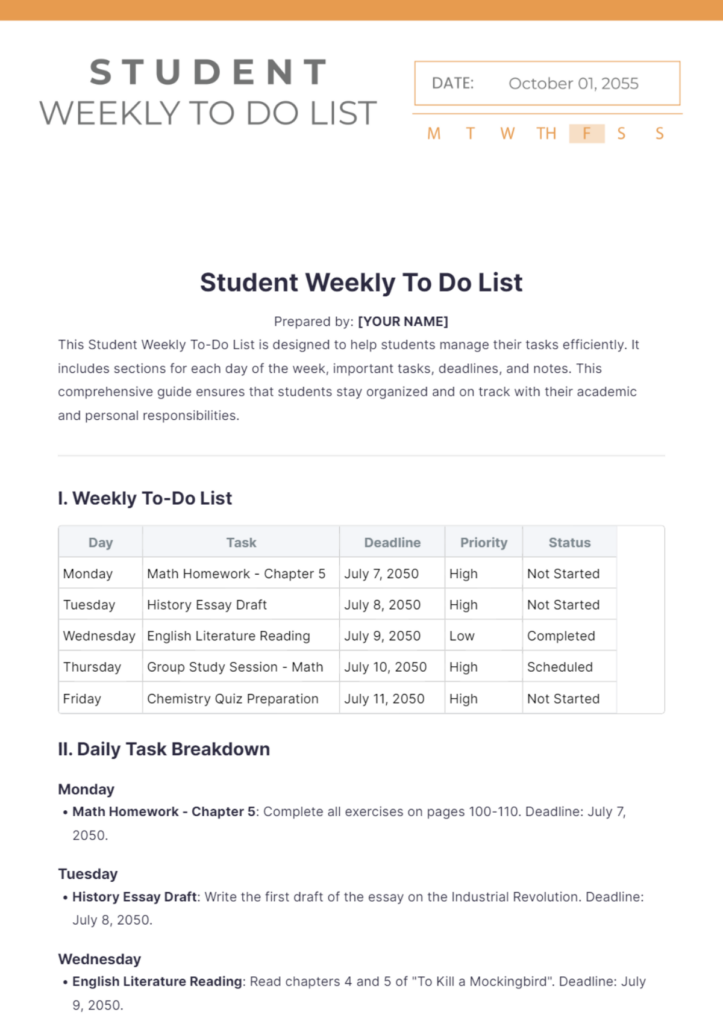 student weekly to do list
