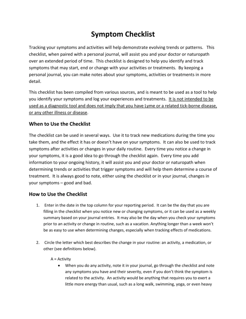 symptom checklist andchart symptom checklist andchart