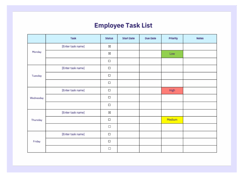Task List Template For Office - employee task list template