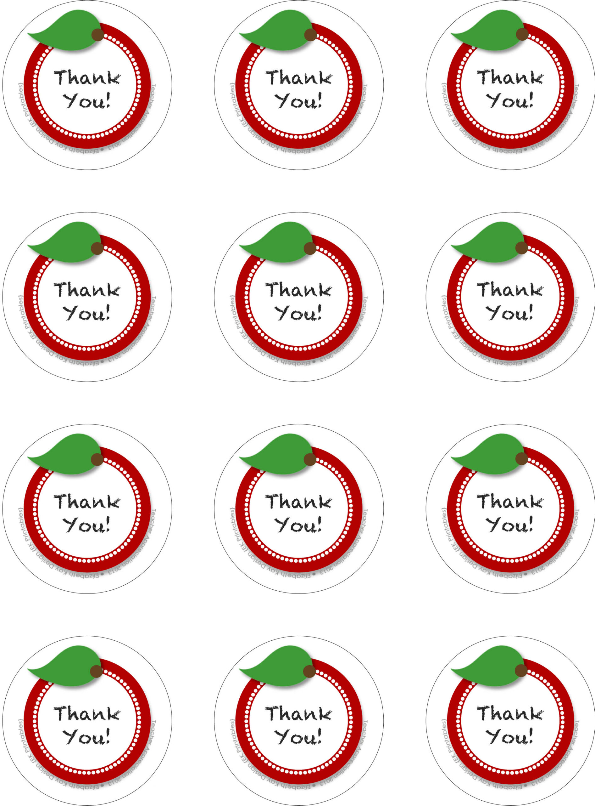 Colorful thank you tags for Teacher Appreciation Free Printable Tags with red circles and green leaves