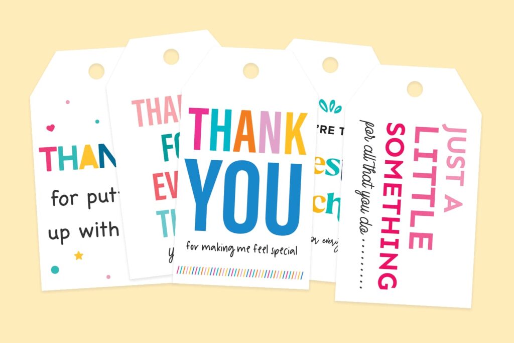 Colorful gift tags for teachers with messages of thanks, perfect for Teacher Appreciation Tags Free Printable