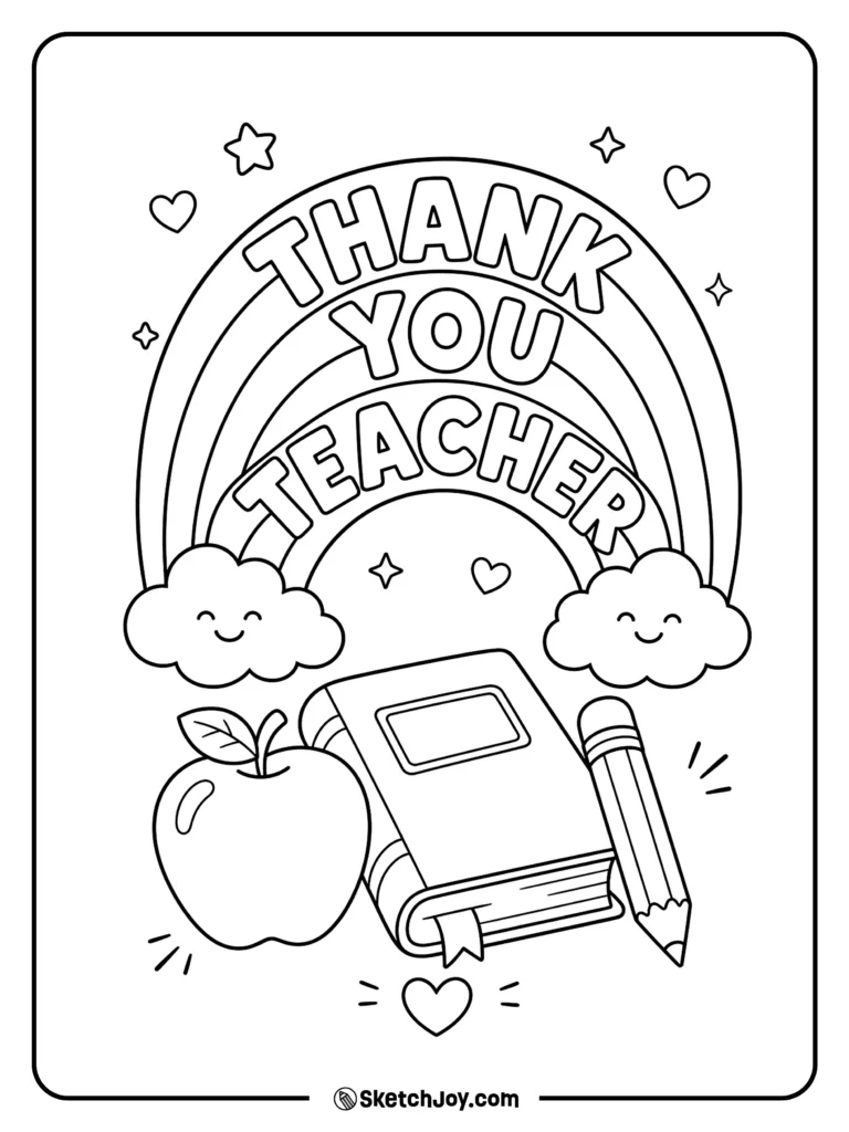 Free printable Thank You Coloring Pages For Teachers featuring a rainbow, apple, and school supplies