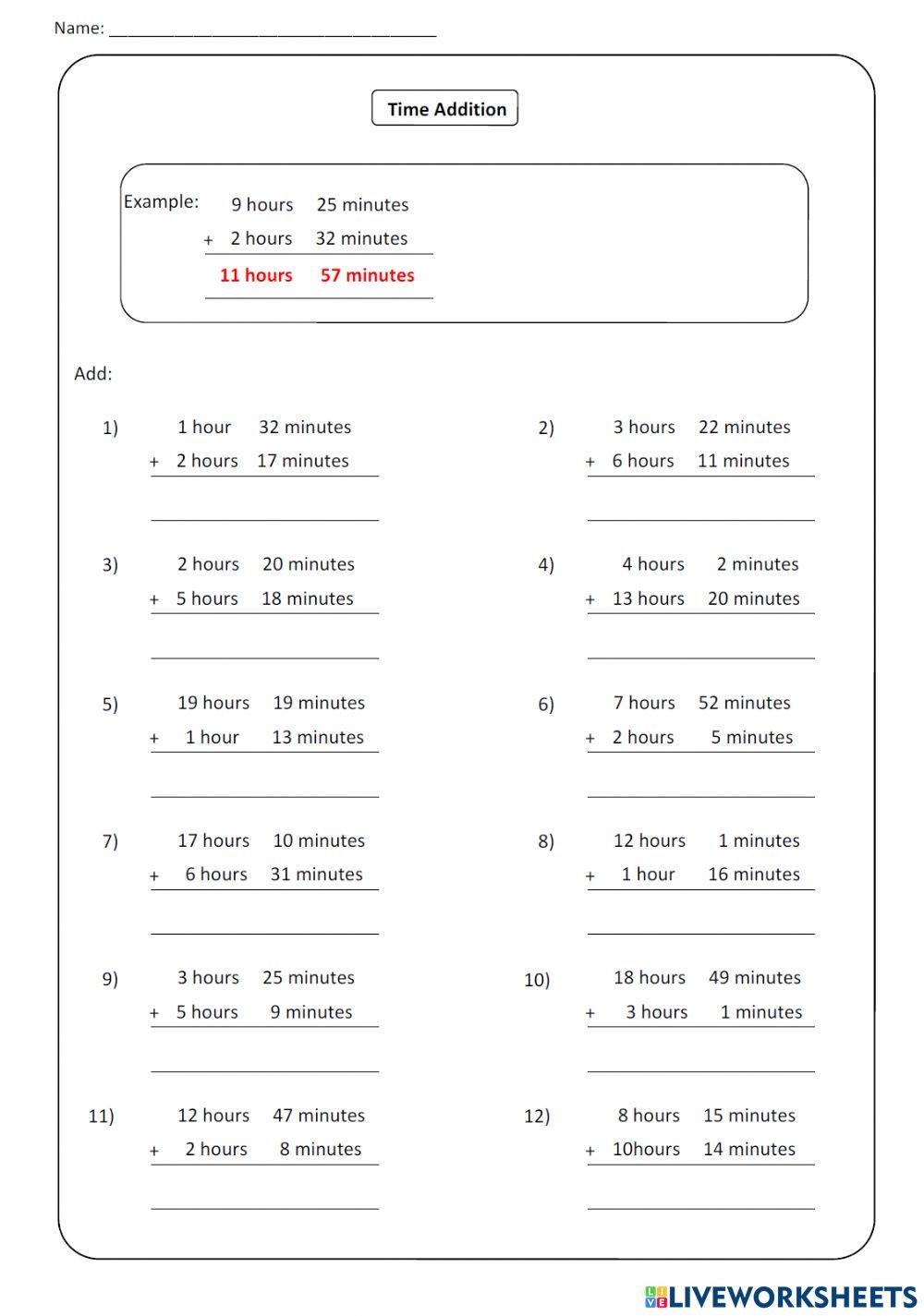 Time To Tile Add Worksheets - Time Addition interactive worksheet | Live Worksheets