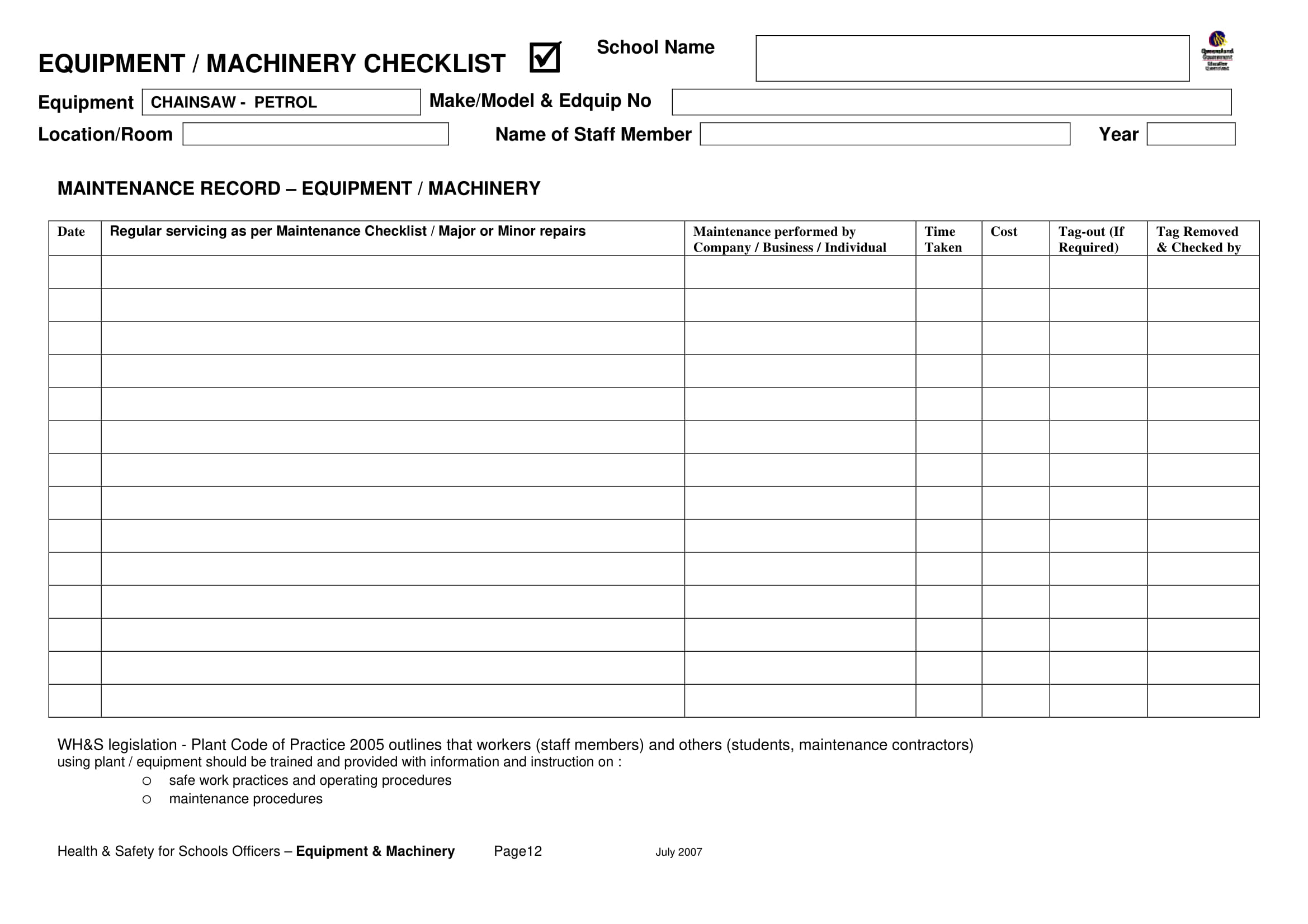 Tools And Equipment Checklist Template - equipment checklists examples