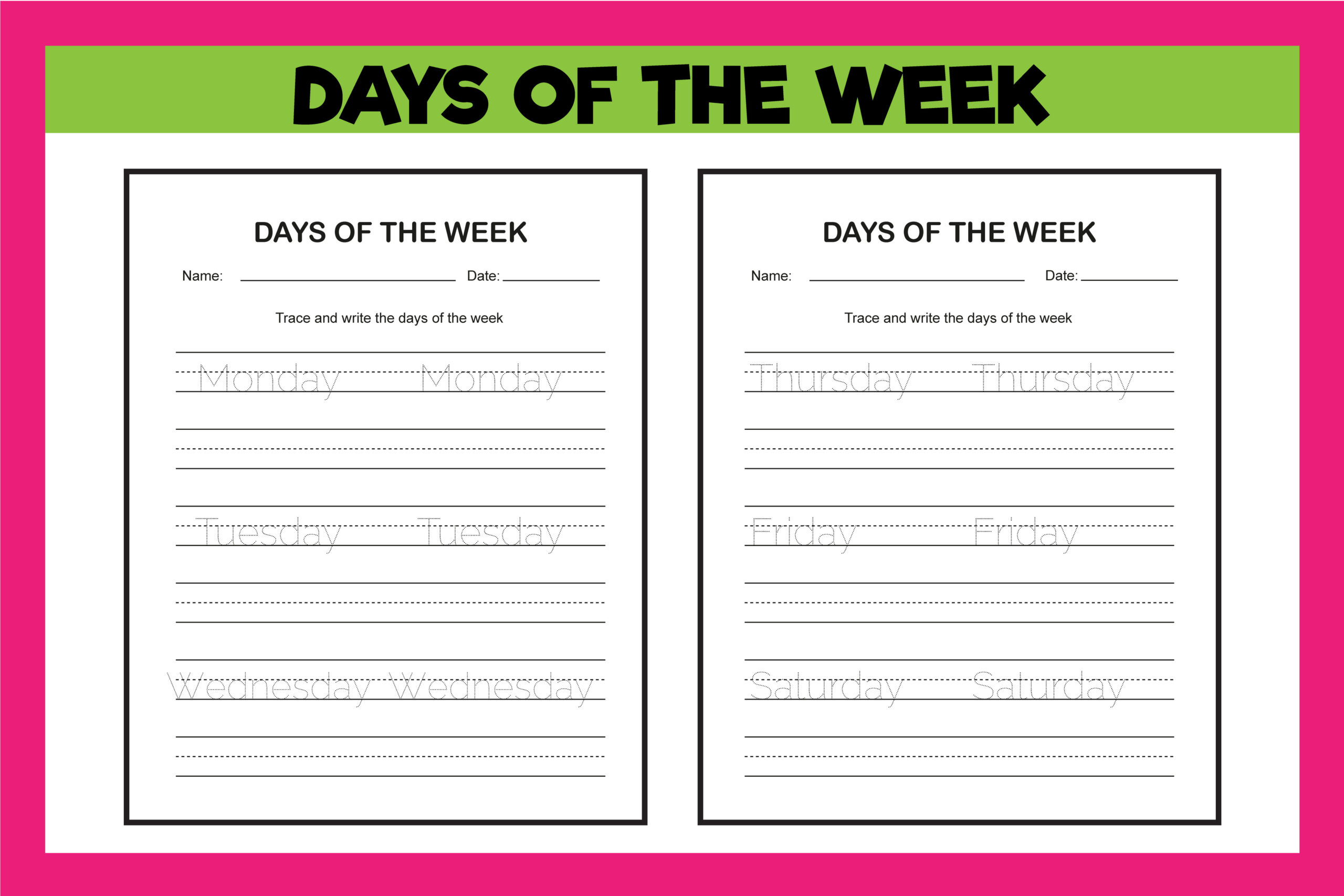 Free printable worksheet to trace the days of the week for kids