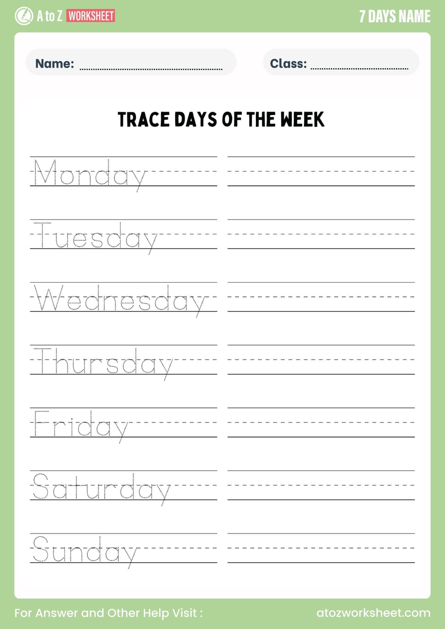 Free printable worksheet for tracing the days of the week, perfect for kids learning