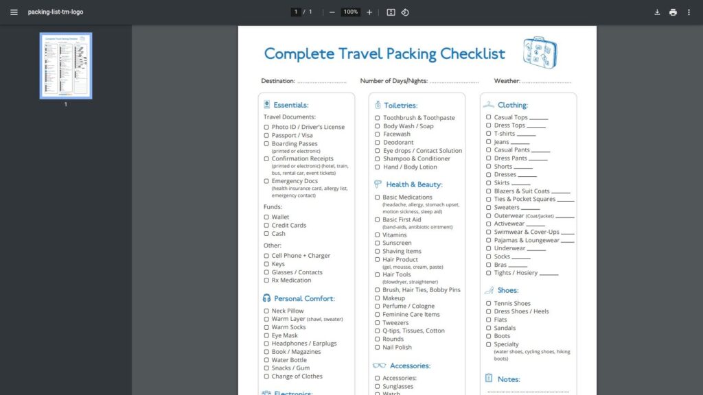 travel packing checklist template