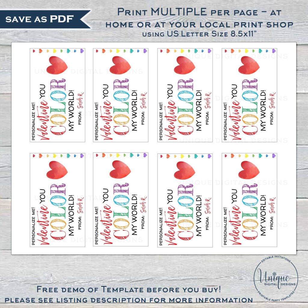 Editable Valentine You Color My World gift tags for kids' class parties, perfect for non-candy favors