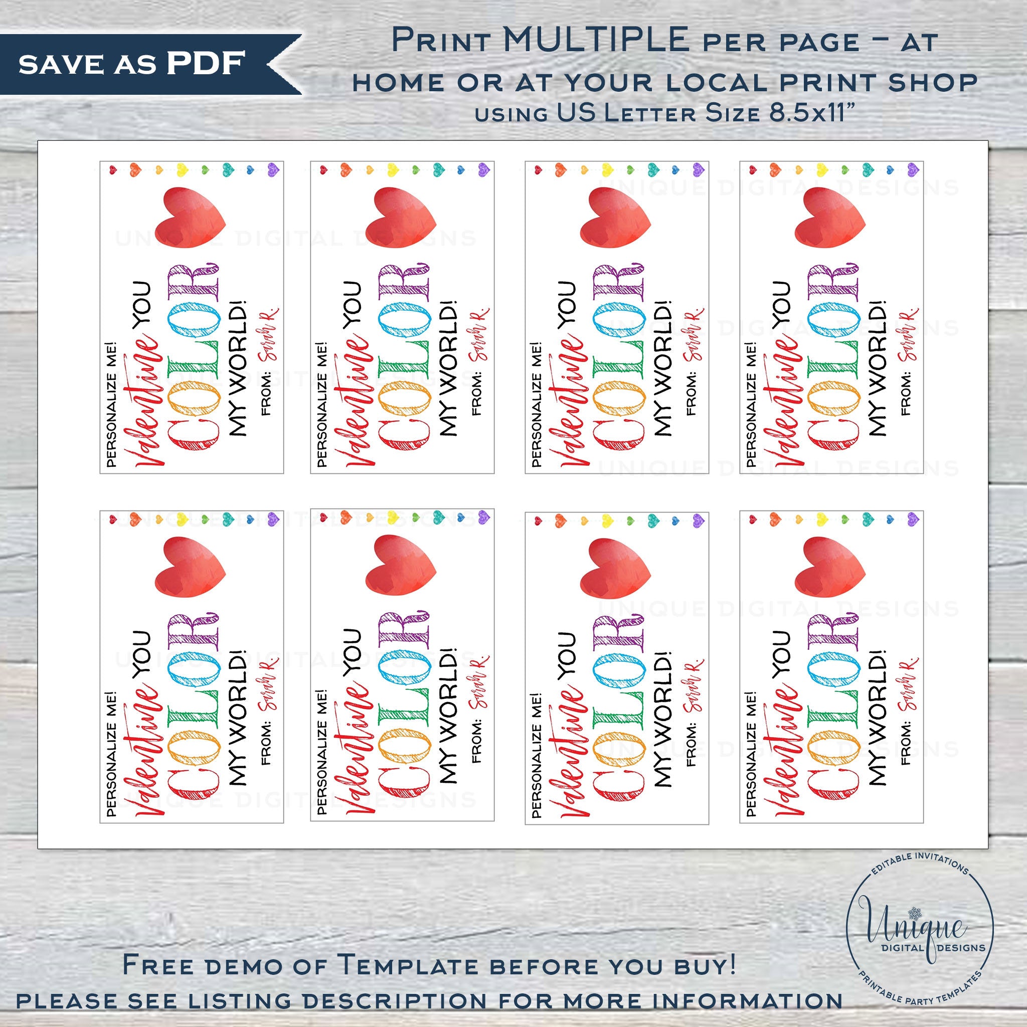 Editable Valentine You Color My World gift tags for kids' class parties, perfect for non-candy favors
