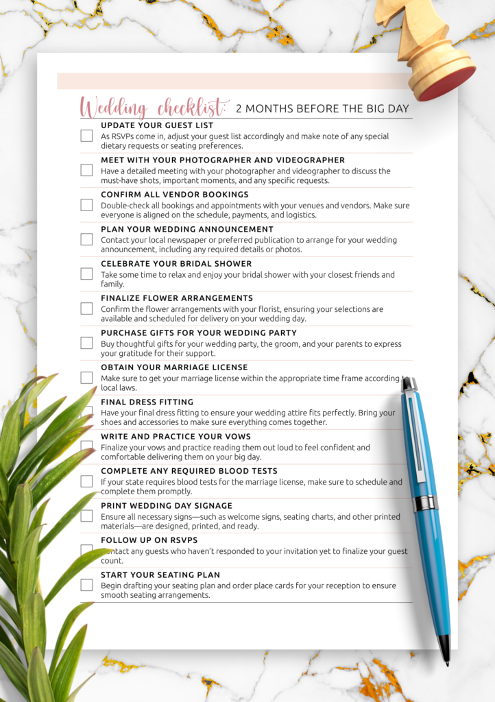 wedding checklist 2 months big day