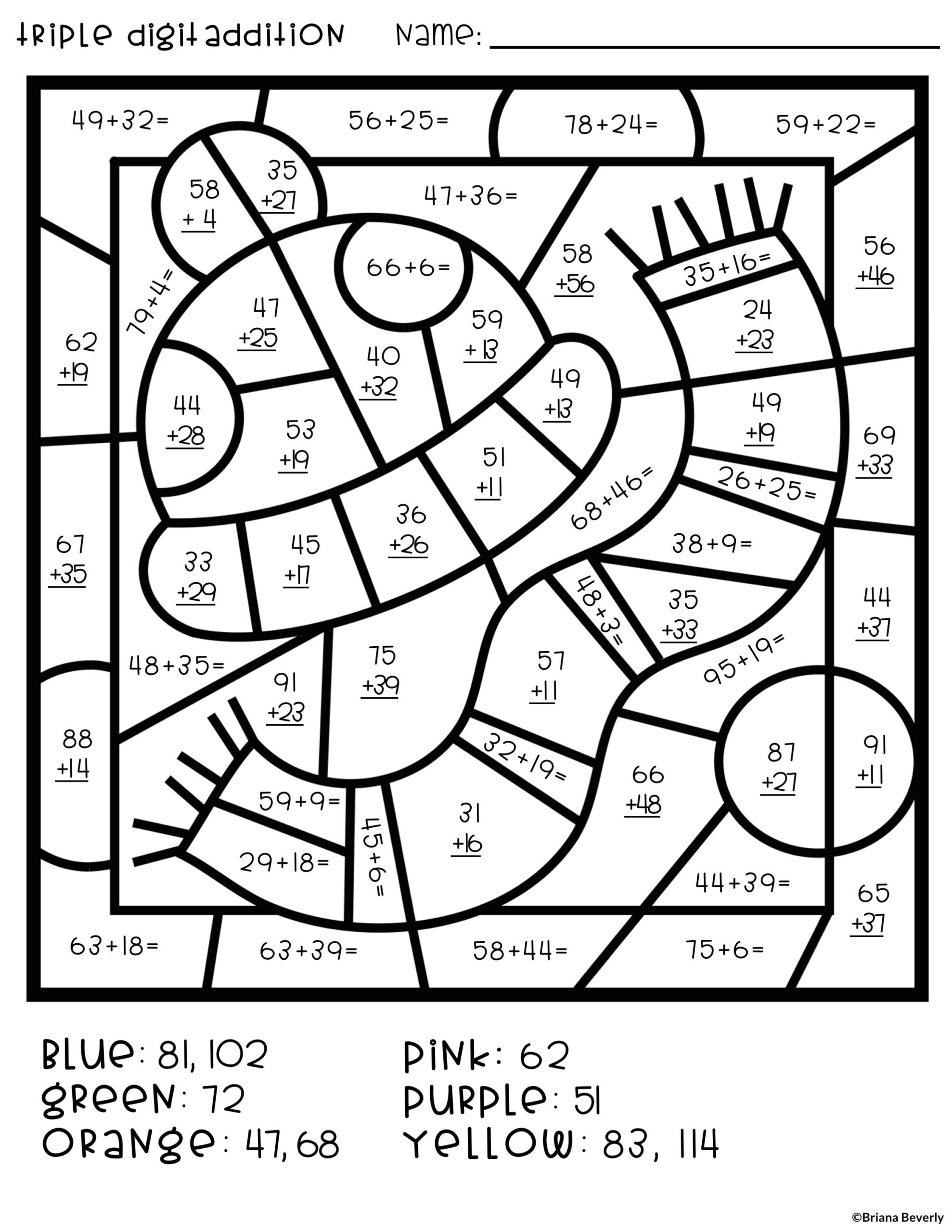 Engaging Winter Color By Number Addition worksheet featuring double-digit problems for kids