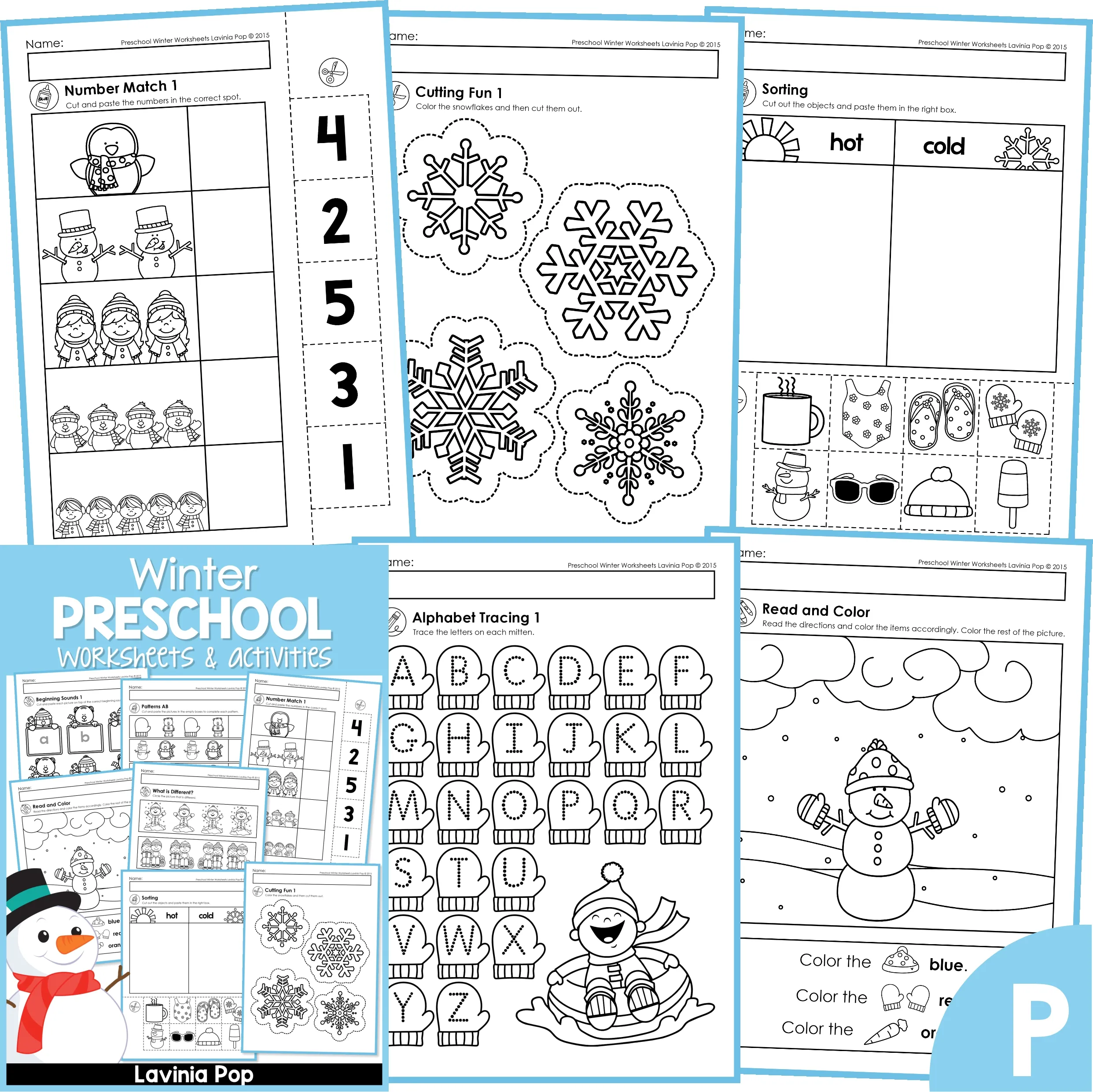 Engaging Winter Cut And Paste Worksheets featuring snowmen, snowflakes, and winter-themed activities