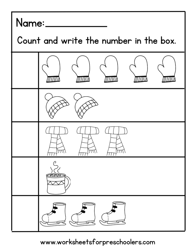 Winter Theme Worksheets For Preschoolers – Counting Activities Engaging Winter Theme Worksheets For Preschoolers featuring counting mittens, hats, and skates
