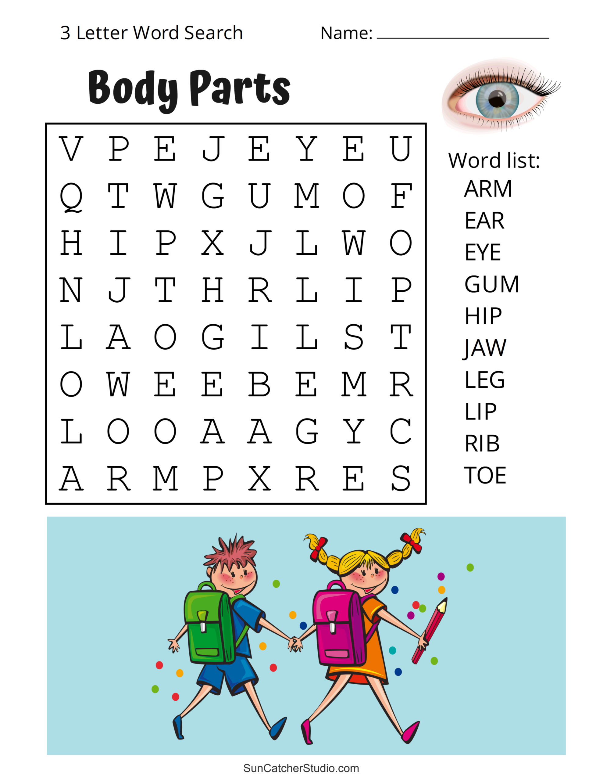 Engaging 3 letter word search puzzle featuring body parts for kids - Word Fill In Puzzles Printable Free