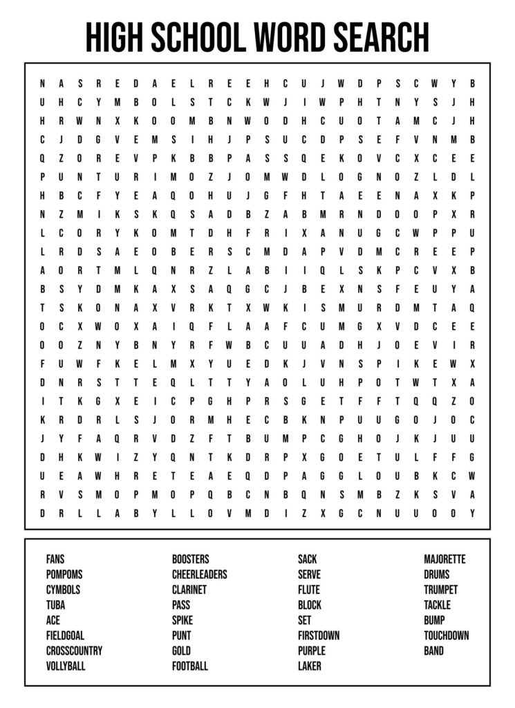 Word Search For High Schoolers – Printable Puzzle Engaging Word Search For High Schoolers featuring various school-related terms in a grid format
