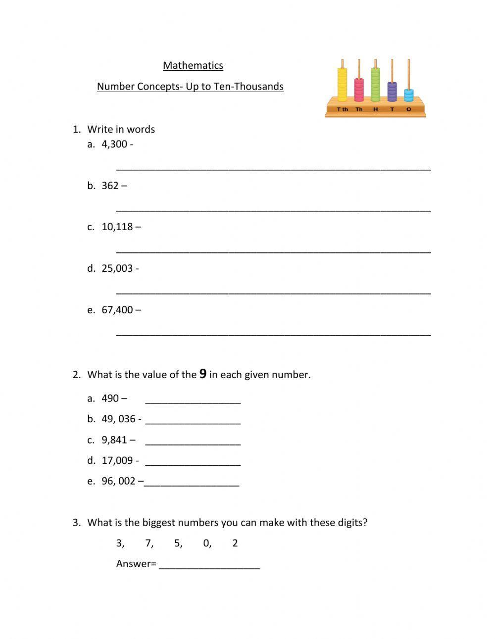 Writing Numbers In Words Thousands Worksheets - Number Concept up to Ten-Thousands worksheet - Worksheets Library
