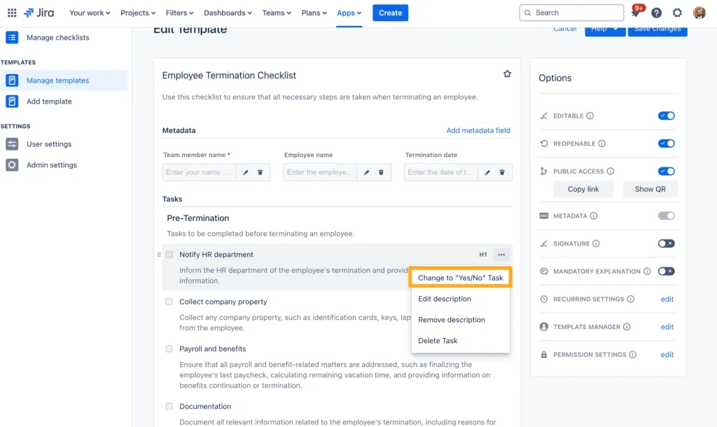yes or no tasks in didit checklists for jira and confluence