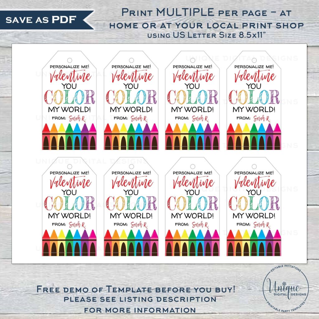You Color My World Valentine Gift Tags – Printable Template Editable You Color My World Valentine gift tags for kids, perfect for classroom use