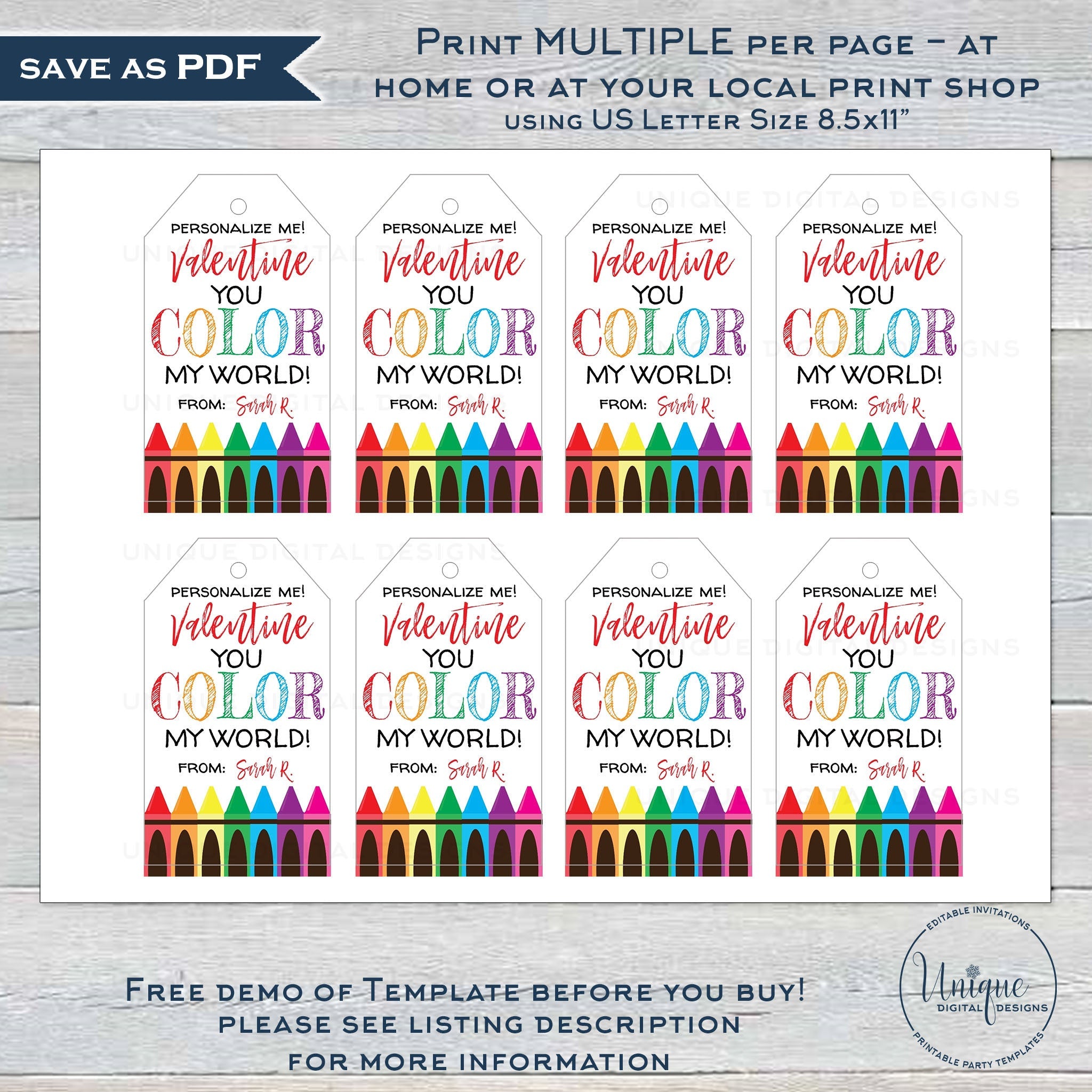 Editable You Color My World Valentine gift tags for kids, perfect for classroom use